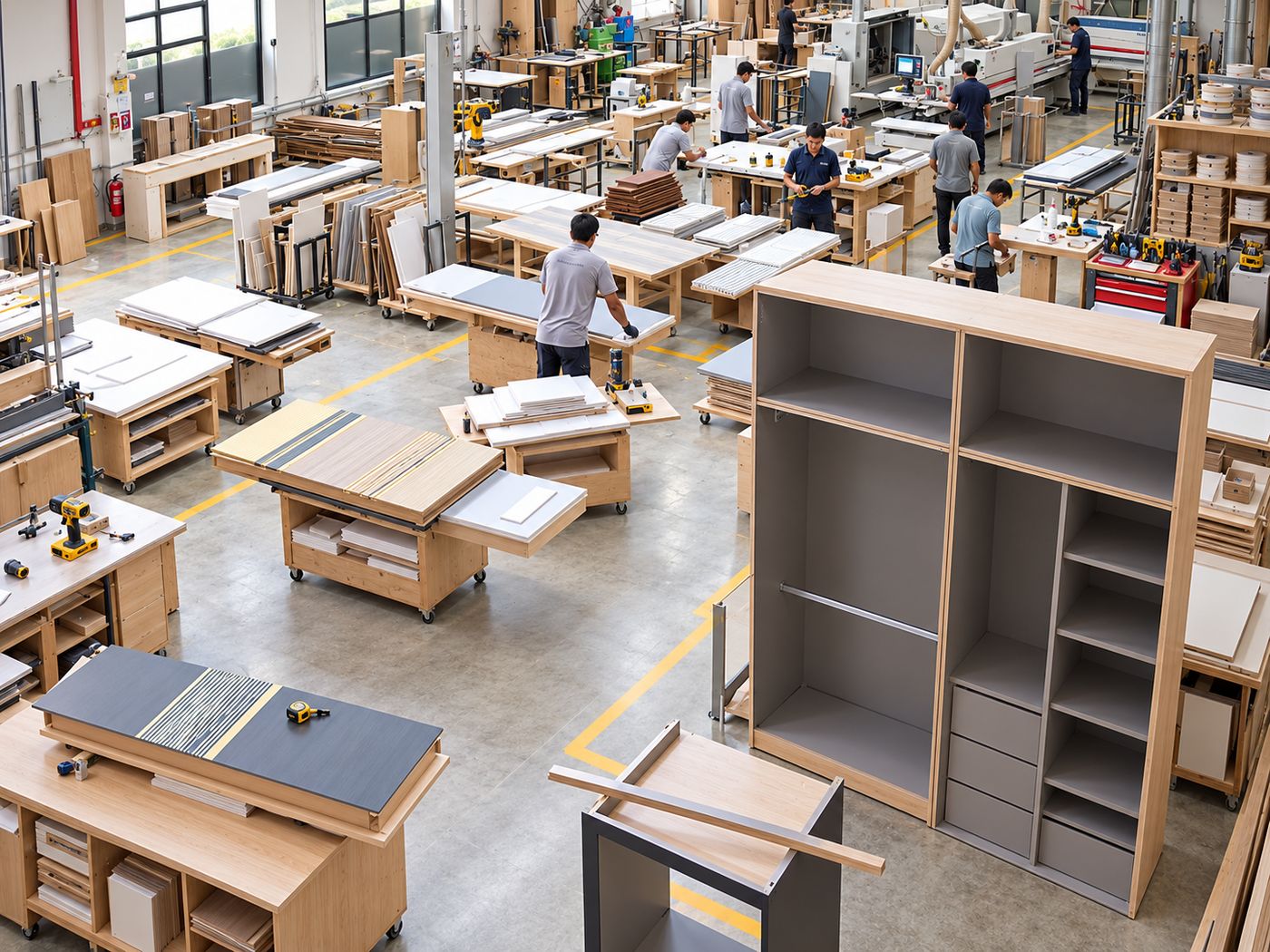 Workshop floor with cabinets in progress
